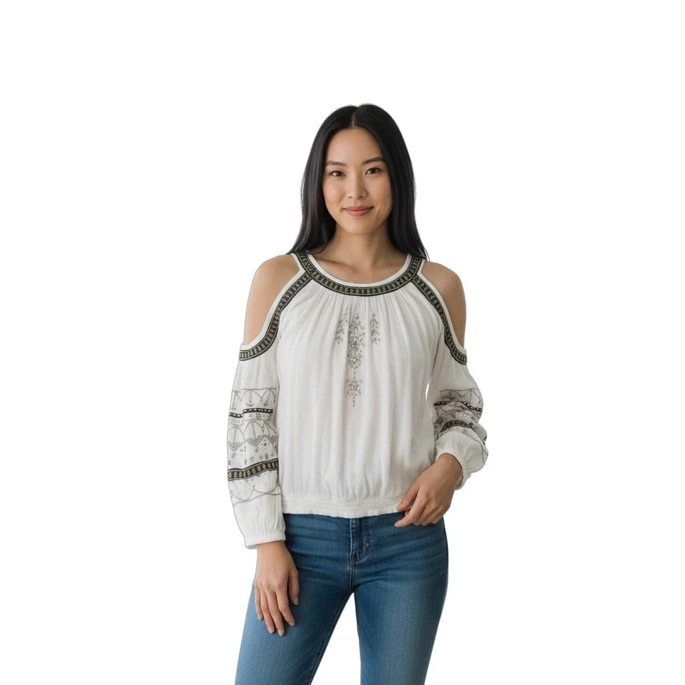Free People Beaded Embroidered Cold Shoulder Boho‎ Peasant Top Ivory M